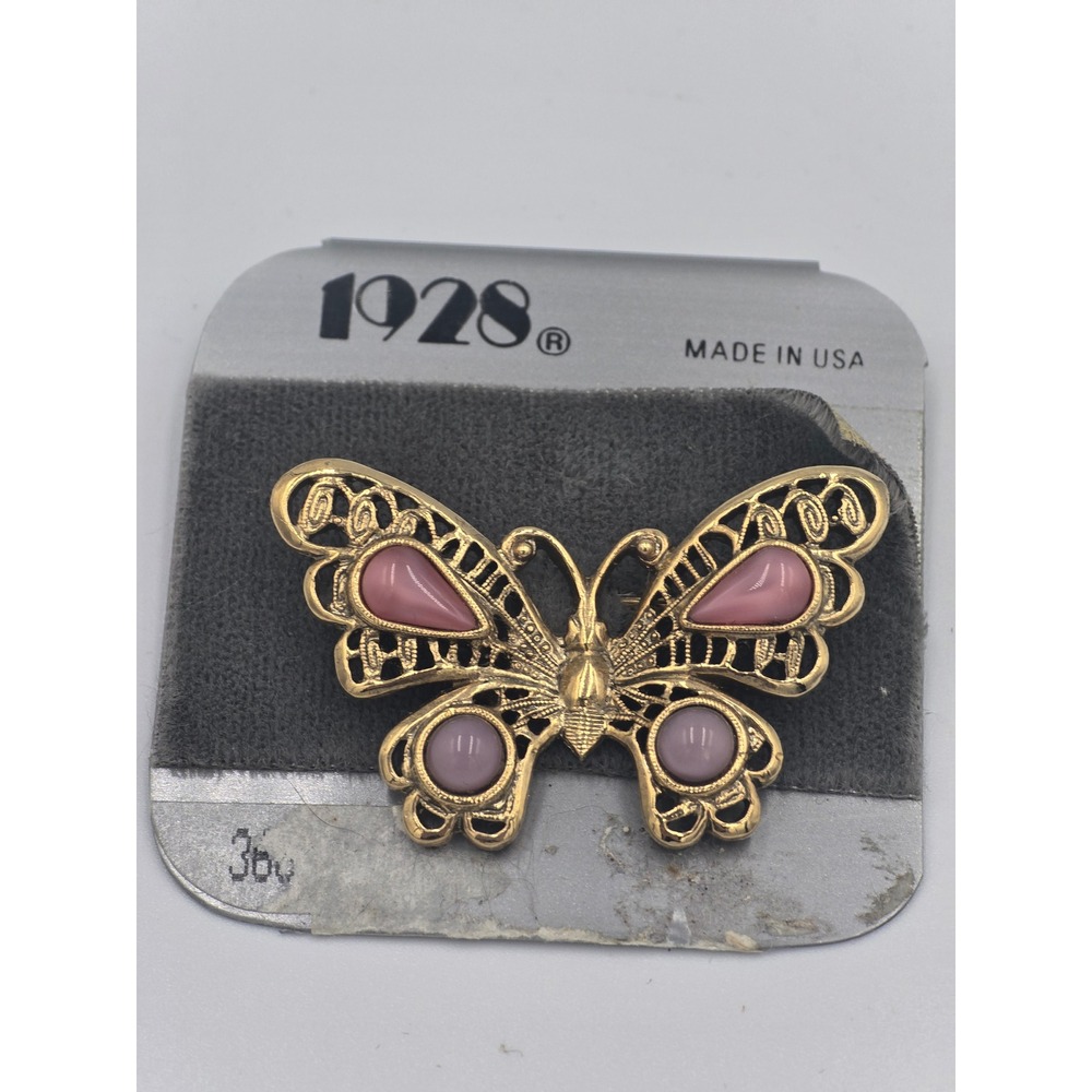 Vintage 1928 Gold Tone Pink Cabochon Butterfly Brooch Pin NOS Made in USA